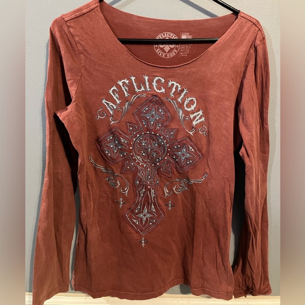 Affliction Women's Long Sleeve Shirt Edgy Cross Biker Western Size Large Braided